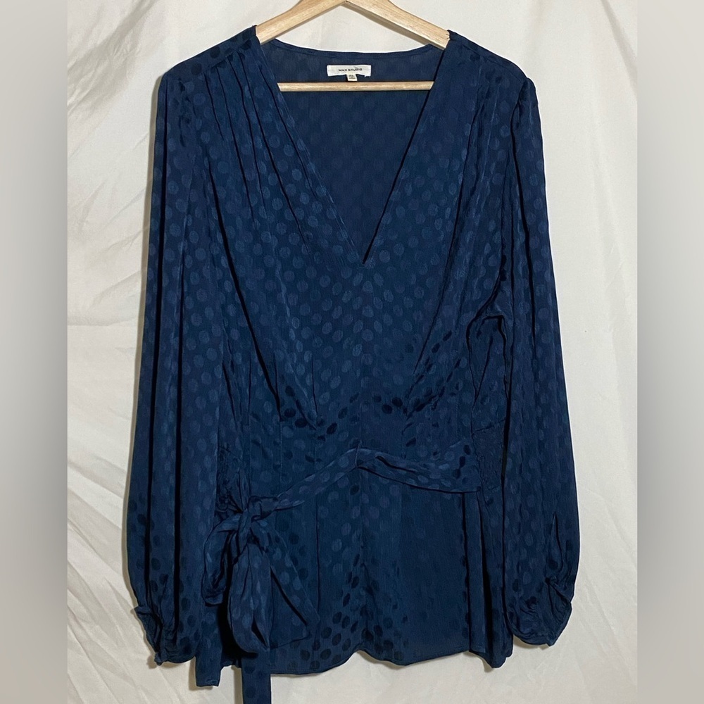 🎈Max Studio | Tops | Max Studio Navy Sheer Polka  Dot Tie Blouse Size 2X
